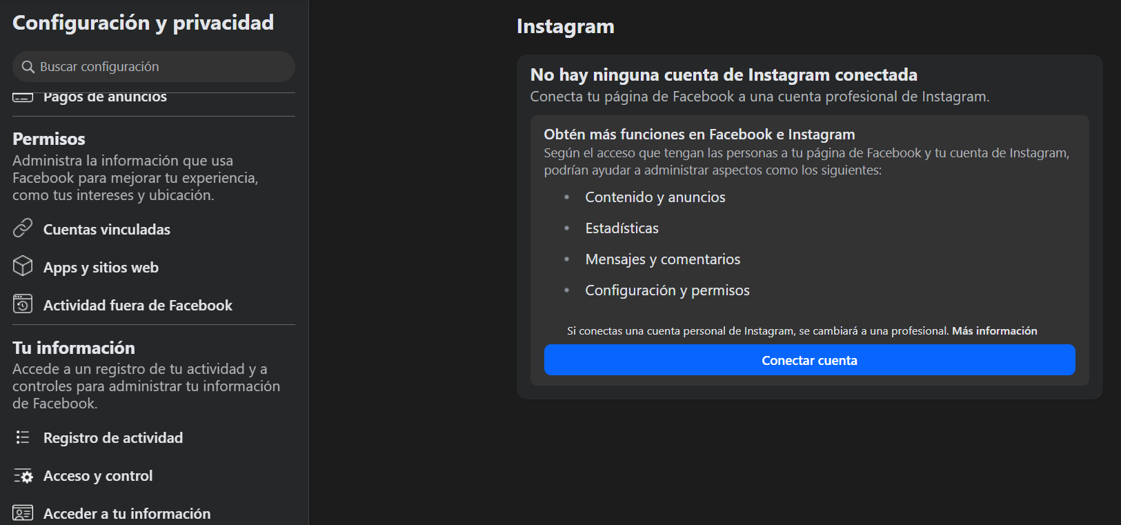 Vincular tu página de Facebook y cuenta de empresa en Instagram